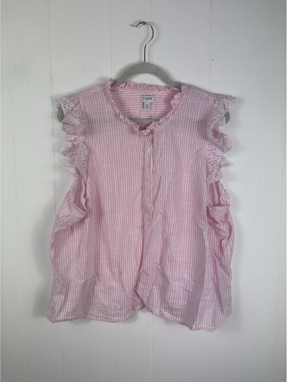 J. Crew pink and white striped ruffled sleeveless top 2X Lightweight Coastal